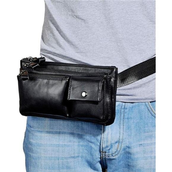 Real Leather Waist Pack, Fanny Bag Black - Picture 1 of 6